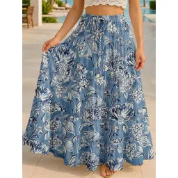 Moomaya Dusty Blue Regular Fit Floral Skirt with Pockets-picture-14