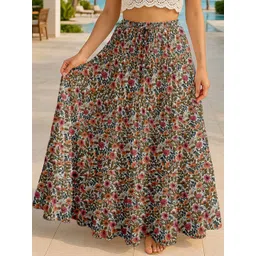 Moomaya Floral Printed Cotton Tiered Maxi Skirt-picture-19