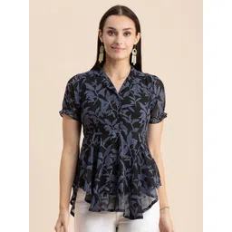 Moomaya Floral Printed Cuban Collar Puff Sleeves Georgette Top-picture-18