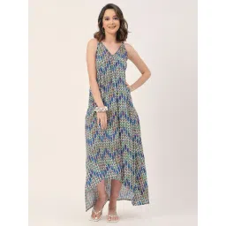 Moomaya Green & Blue Printed High-low Dress-picture-17