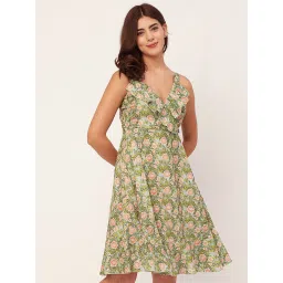 Moomaya Green & Peach Floral Print A Line Dress image 1