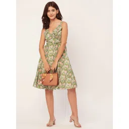 Moomaya Green & Peach Floral Print A Line Dress image 4