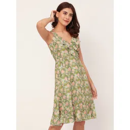 Moomaya Green & Peach Floral Print A Line Dress image 3