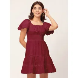 Moomaya Maroon Cotton Fit & Flare Dress-picture-37