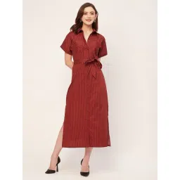 Moomaya Maroon Cotton Striped Shirt Dress-picture-24