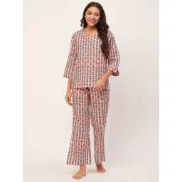 Moomaya Off White & Red Cotton Floral Print Top With Pyjamas-picture-27