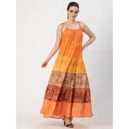 Moomaya Orange Color-Block Maxi Dress-picture-45
