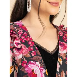 Moomaya Pink & Black Cotton Floral Print Jacket image 5