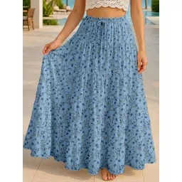 Moomaya Printed Cotton Tiered Maxi Skirt-picture-15
