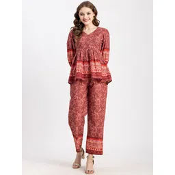 Moomaya Printed V-Neck Pure Cotton Top With Trousers-picture-30
