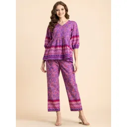 Moomaya Purple Cotton Floral Print Top With Pants-picture-11