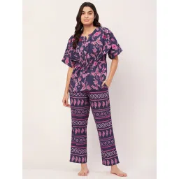 Moomaya Purple Cotton Floral Print Top With Pyjamas image 1