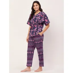 Moomaya Purple Cotton Floral Print Top With Pyjamas image 3