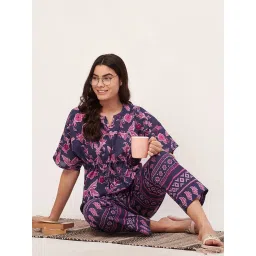 Moomaya Purple Cotton Floral Print Top With Pyjamas image 4