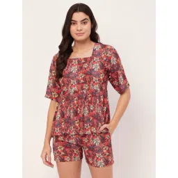 Moomaya Red Floral Print Top With Shorts-picture-28