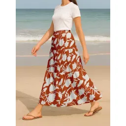 Moomaya Rust Regular Fit Floral Skirt with Pockets-picture-30