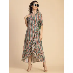 Moomaya Teal & Red Printed High-low Dress image 4