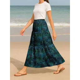 Moomaya Teal Blue Regular Fit Floral Skirt with Pockets-picture-29