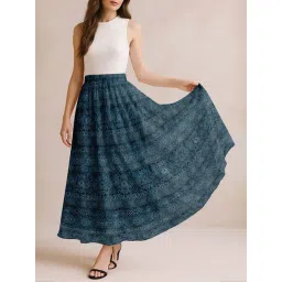 Moomaya Teal Blue Regular Fit Geometric Skirt-picture-15
