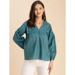 Moomaya Teal Cotton Striped Top-picture-20