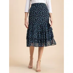 Moomaya Teal Floral Print Skirt-picture-33