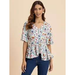 Moomaya White & Green Floral Print Top-picture-25