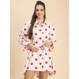 Moomaya White & Red Cotton Polka Dot Shirt Dress-picture-39