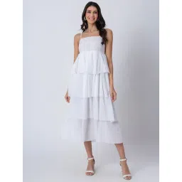 Moomaya White Cotton Voile Regular Fit Casual Dress-picture-47