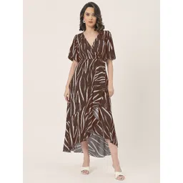 Moomaya Women Animal Print Flared Sleeve V-Neck Wrap Midi Dress-picture-29