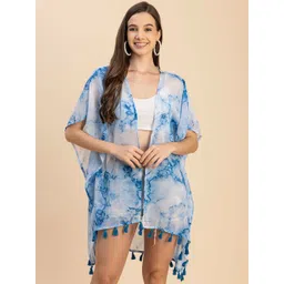 Moomaya Women Blue & White Printed Tasselled Indigo Waterfall Shrug-image-10