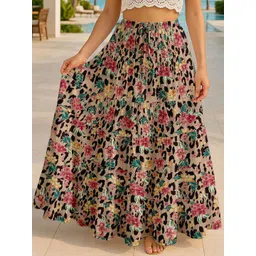 Moomaya Women Floral Printed Cotton Tiered Maxi Skirt-picture-14