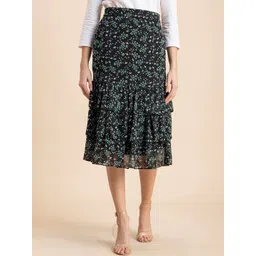 Moomaya Women Floral Printed Tiered Midi Skirts-image-4