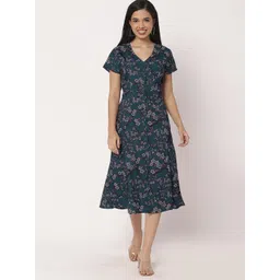 Moomaya Women Floral Printed V-Neck A-Line Midi Dress-image-16