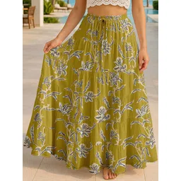Moomaya Women Printed Pure Cotton Tiered Maxi Skirt-picture-26