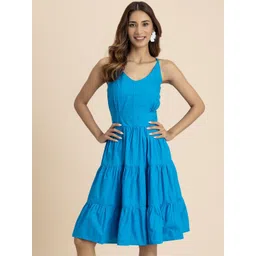 Moomaya Women Shoulder Straps Cotton Tiered Fit and Flare Dress-image-14