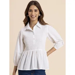 Moomaya Women Solid Shirt Collar Pure Cotton Top-image-3