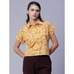 Moomaya Yellow & Orange Cotton Floral Print Shirt-picture-16