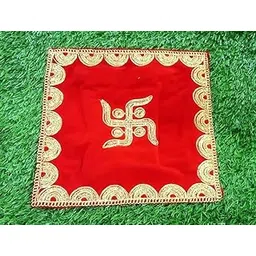 Moon *Exclusive Red Heavy Velvet Golden Zari swastika Designer Square Shape Aasan/Pooja Cloth/Rumaal Chowki Cloth for Home Mandir Size- 11inches x 11 inches #Actual Images-picture-16