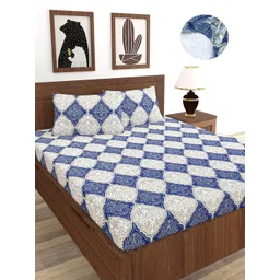 MORADO Blue & Grey Ethnic Motifs 210 TC Queen Fitted Cotton Bedsheet with 2 Pillow Covers-image-33
