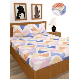 MORADO Blue  Peach-Coloured Geometric 180 TC King Fitted Bedsheet with 2 Pillow Covers-image-14