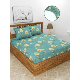 MORADO Green & Yellow Floral 210 TC Fitted Queen Bedsheet With 2 Pillow Covers-picture-12