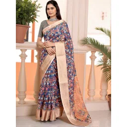 MORDEN MUSE Floral Printed Jacquard Zari Border Saree with Blouse Piece-picture-10