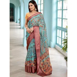 MORDEN MUSE Floral Printed Jacquard Zari Border Saree with Blouse Piece image 2