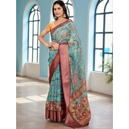 MORDEN MUSE Floral Printed Jacquard Zari Border Saree with Blouse Piece image 5