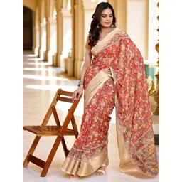 MORDEN MUSE Floral Printed Zari Linen Jacquard Saree With Unstitched Blouse Piece-picture-11