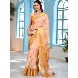 MORDEN MUSE Floral Printed Zari Saree With Woven Design Border With Blouse Piece-picture-34