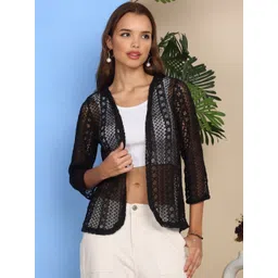 MORDEN MUSE Women Three-Quarter Sleeves Sheer Open Front Blazer Shrug-picture-25