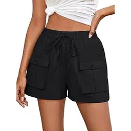 more n more trendz Women's High Waist Wide Leg Shorts, Casual Plain Cotton Blend, Elastic Waist with Flap Pockets-picture-18