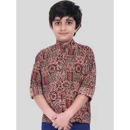 MOSHI Boys Ethnic Motifs Printed Band Collar Pure Cotton Straight Short Kurta-picture-34