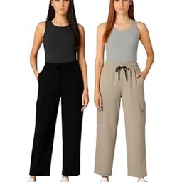 motards Women|s Track Pants Combo | Wide Leg High-Waist Trousers with 4 Pockets | (Beige & Black, Pack of 2)|Women-Bottom-BLK-BEI-1-picture-49